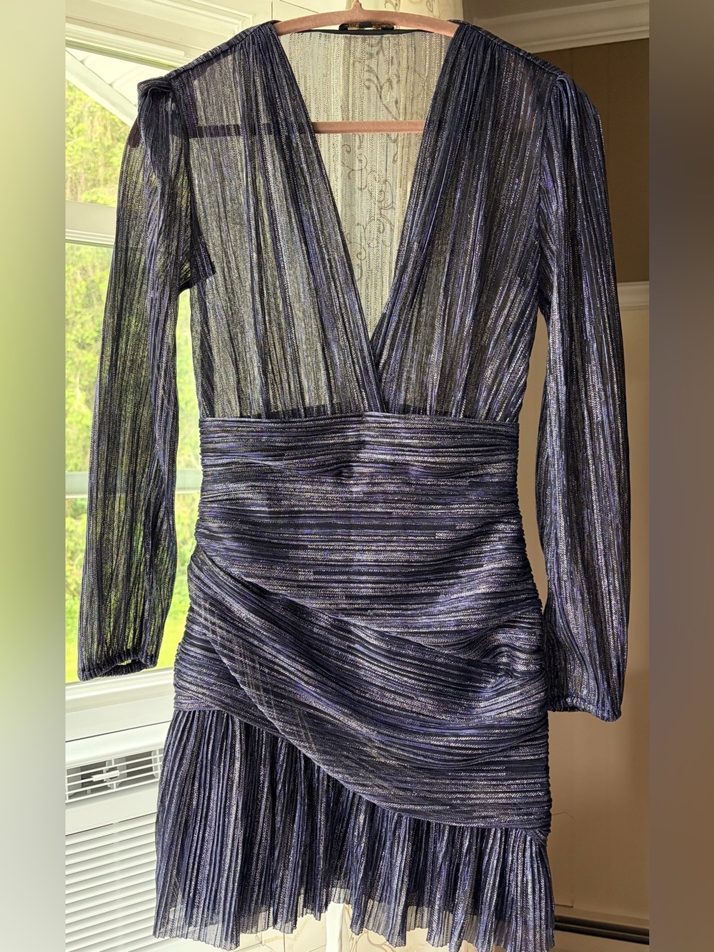 Maje Runny Draped Lurex Navy Long Sleeve Mini Dress Designer Luxury Paris Sz S